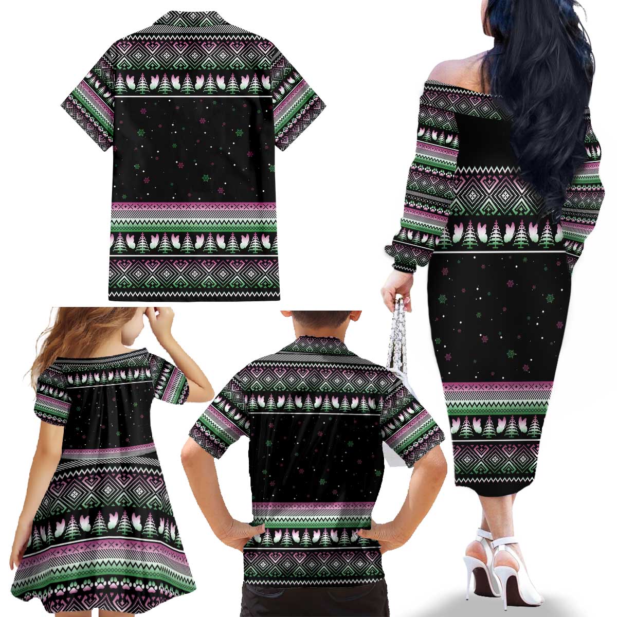 Christmas Dachshund Angel Dog Family Matching Off The Shoulder Long Sleeve Dress and Hawaiian Shirt Pink Green Tree Feather Pattern Design - Wonder Print Shop