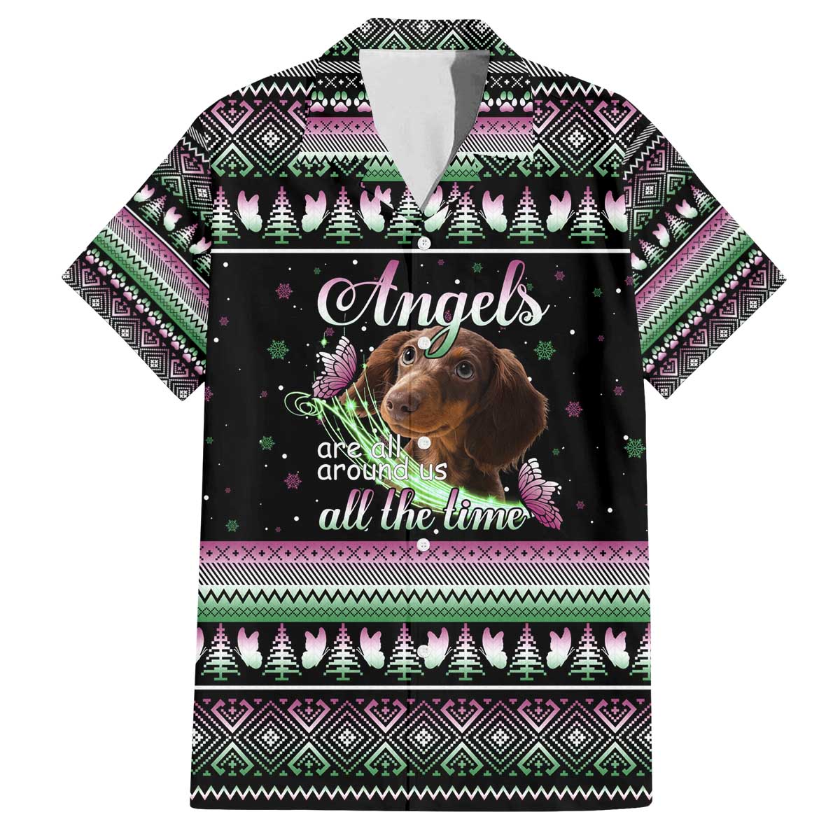 Christmas Dachshund Angel Dog Family Matching Off The Shoulder Long Sleeve Dress and Hawaiian Shirt Pink Green Tree Feather Pattern Design - Wonder Print Shop
