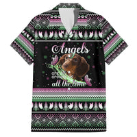 Christmas Dachshund Angel Dog Family Matching Off The Shoulder Long Sleeve Dress and Hawaiian Shirt Pink Green Tree Feather Pattern Design - Wonder Print Shop
