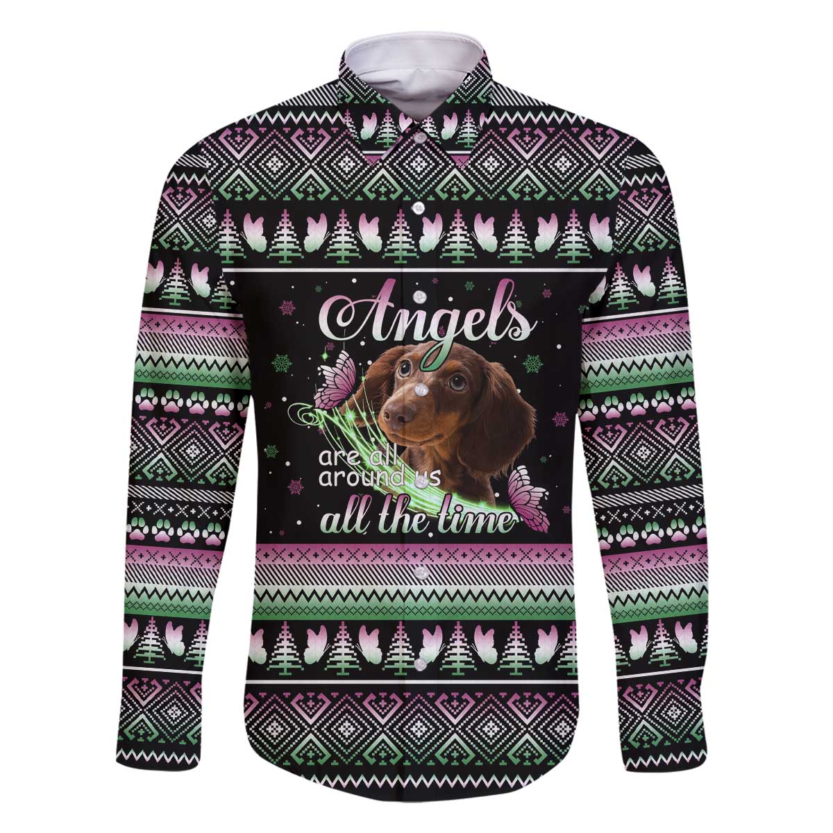 Christmas Dachshund Angel Dog Family Matching Off The Shoulder Long Sleeve Dress and Hawaiian Shirt Pink Green Tree Feather Pattern Design - Wonder Print Shop