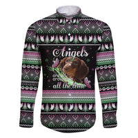 Christmas Dachshund Angel Dog Family Matching Off The Shoulder Long Sleeve Dress and Hawaiian Shirt Pink Green Tree Feather Pattern Design - Wonder Print Shop