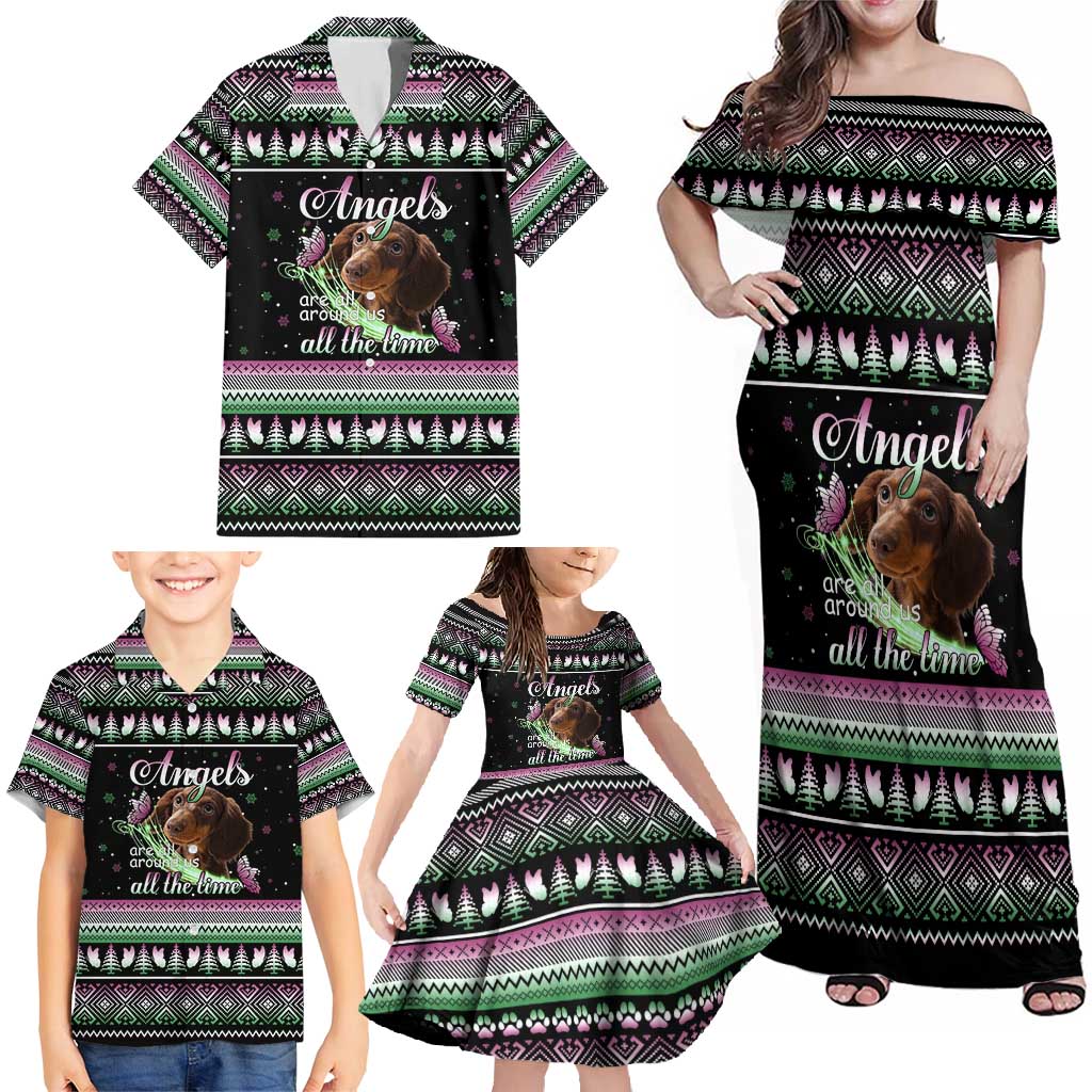 Christmas Dachshund Angel Dog Family Matching Off Shoulder Maxi Dress and Hawaiian Shirt Pink Green Tree Feather Pattern Design - Wonder Print Shop