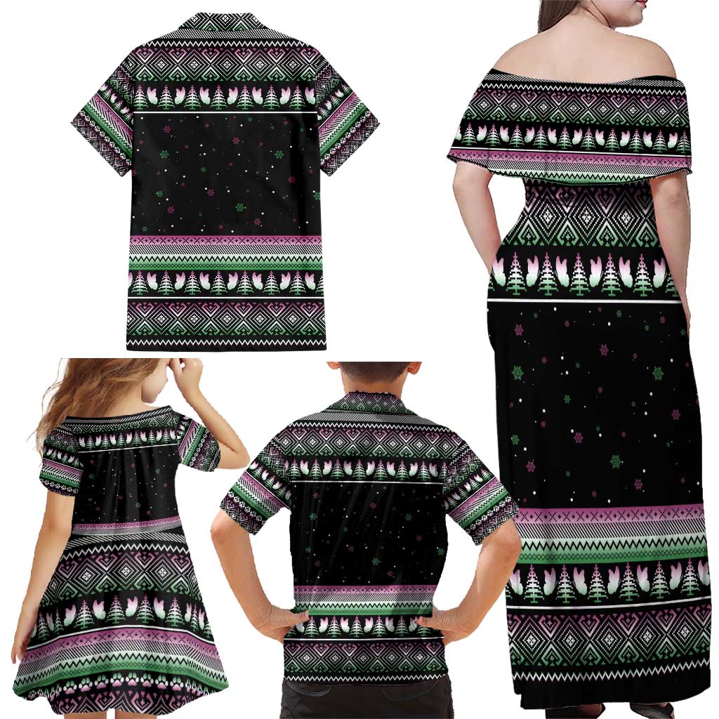 Christmas Dachshund Angel Dog Family Matching Off Shoulder Maxi Dress and Hawaiian Shirt Pink Green Tree Feather Pattern Design - Wonder Print Shop