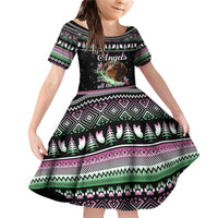 Christmas Dachshund Angel Dog Family Matching Off Shoulder Short Dress and Hawaiian Shirt Pink Green Tree Feather Pattern Design - Wonder Print Shop