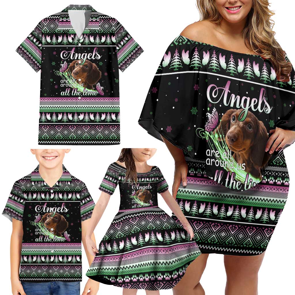 Christmas Dachshund Angel Dog Family Matching Off Shoulder Short Dress and Hawaiian Shirt Pink Green Tree Feather Pattern Design - Wonder Print Shop