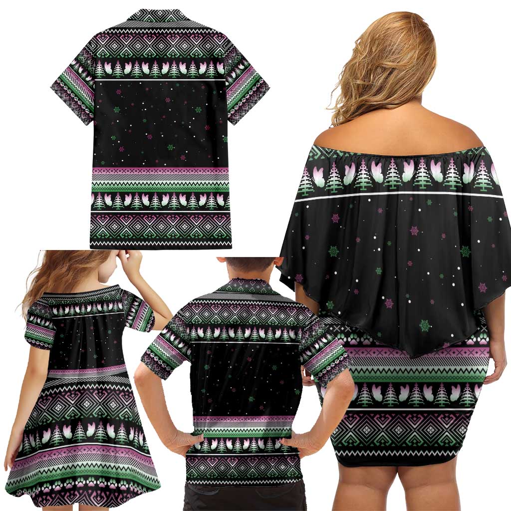 Christmas Dachshund Angel Dog Family Matching Off Shoulder Short Dress and Hawaiian Shirt Pink Green Tree Feather Pattern Design - Wonder Print Shop