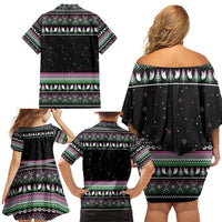 Christmas Dachshund Angel Dog Family Matching Off Shoulder Short Dress and Hawaiian Shirt Pink Green Tree Feather Pattern Design - Wonder Print Shop