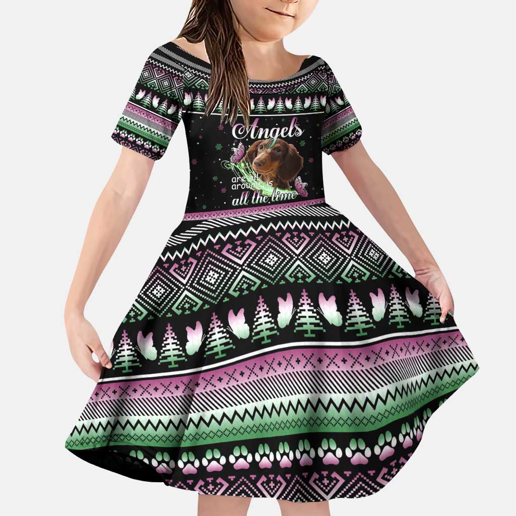 Christmas Dachshund Angel Dog Family Matching Puletasi and Hawaiian Shirt Pink Green Tree Feather Pattern Design - Wonder Print Shop