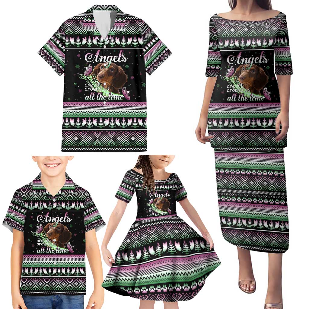 Christmas Dachshund Angel Dog Family Matching Puletasi and Hawaiian Shirt Pink Green Tree Feather Pattern Design - Wonder Print Shop