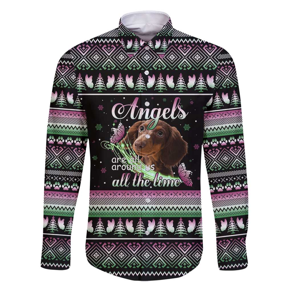 Christmas Dachshund Angel Dog Family Matching Puletasi and Hawaiian Shirt Pink Green Tree Feather Pattern Design - Wonder Print Shop