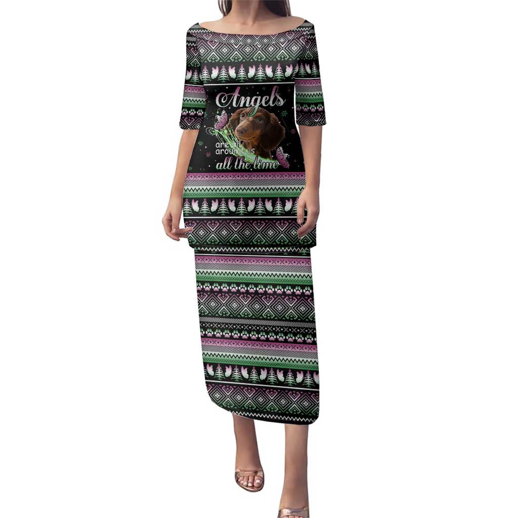 Christmas Dachshund Angel Dog Family Matching Puletasi and Hawaiian Shirt Pink Green Tree Feather Pattern Design - Wonder Print Shop