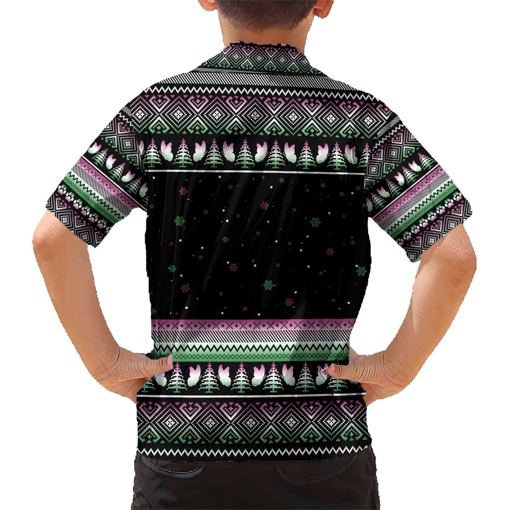Christmas Dachshund Angel Dog Family Matching Short Sleeve Bodycon Dress and Hawaiian Shirt Pink Green Tree Feather Pattern Design - Wonder Print Shop