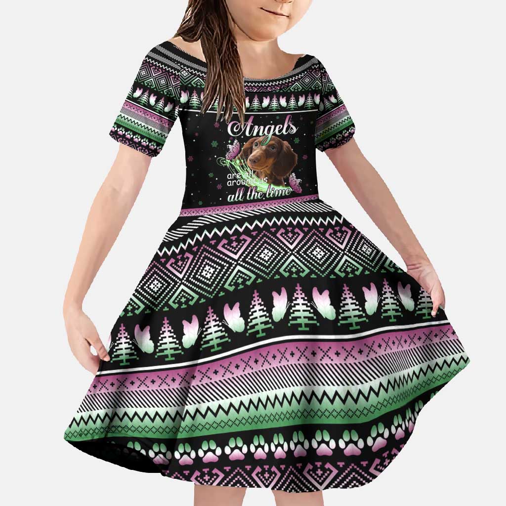 Christmas Dachshund Angel Dog Family Matching Short Sleeve Bodycon Dress and Hawaiian Shirt Pink Green Tree Feather Pattern Design - Wonder Print Shop