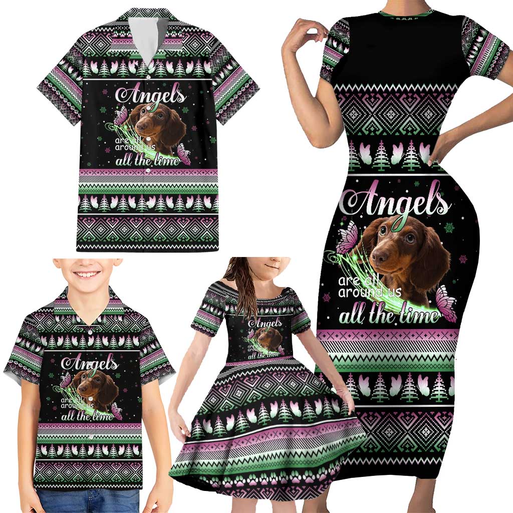 Christmas Dachshund Angel Dog Family Matching Short Sleeve Bodycon Dress and Hawaiian Shirt Pink Green Tree Feather Pattern Design - Wonder Print Shop
