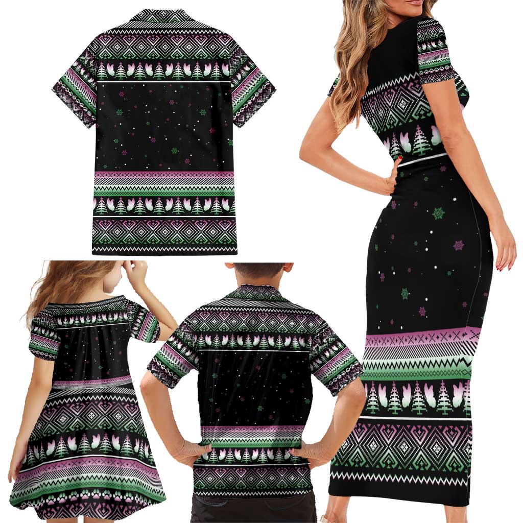 Christmas Dachshund Angel Dog Family Matching Short Sleeve Bodycon Dress and Hawaiian Shirt Pink Green Tree Feather Pattern Design - Wonder Print Shop