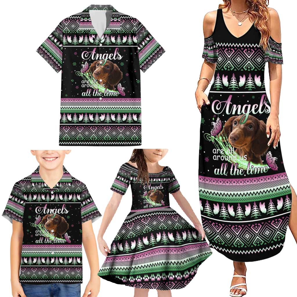 Christmas Dachshund Angel Dog Family Matching Summer Maxi Dress and Hawaiian Shirt Pink Green Tree Feather Pattern Design - Wonder Print Shop