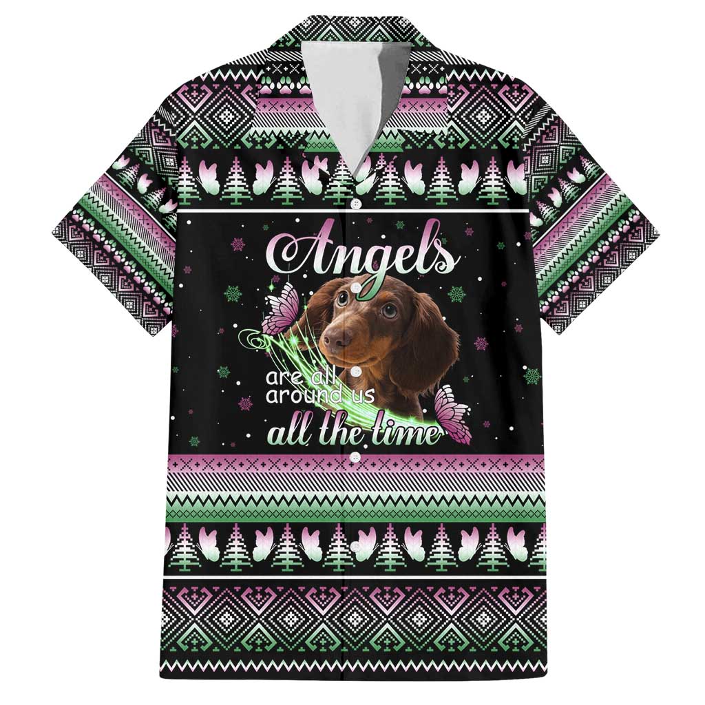 Christmas Dachshund Angel Dog Family Matching Summer Maxi Dress and Hawaiian Shirt Pink Green Tree Feather Pattern Design - Wonder Print Shop