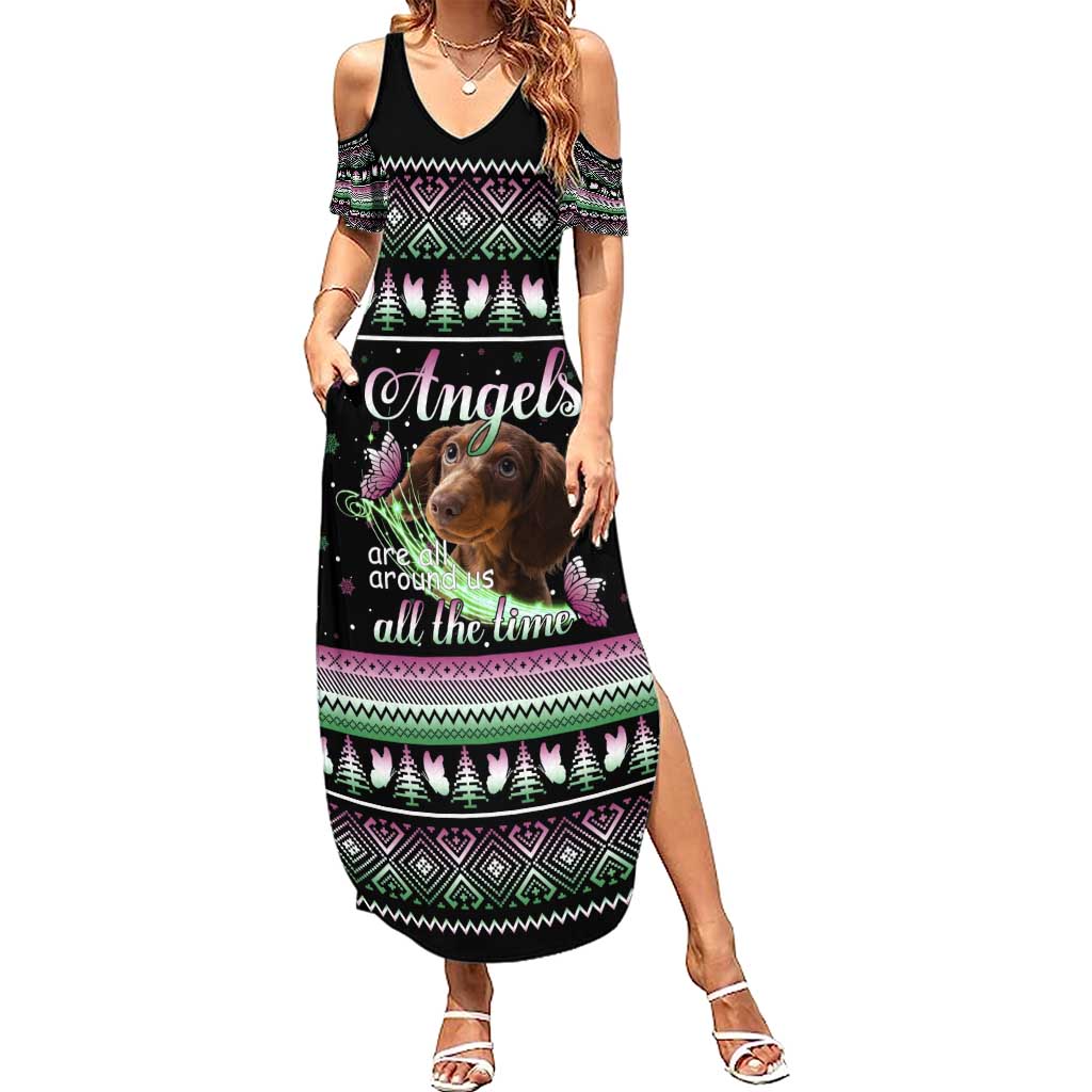 Christmas Dachshund Angel Dog Family Matching Summer Maxi Dress and Hawaiian Shirt Pink Green Tree Feather Pattern Design - Wonder Print Shop