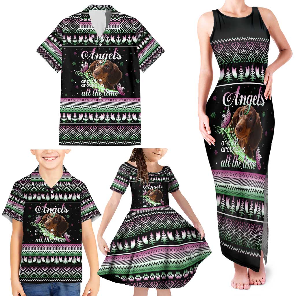 Christmas Dachshund Angel Dog Family Matching Tank Maxi Dress and Hawaiian Shirt Pink Green Tree Feather Pattern Design - Wonder Print Shop