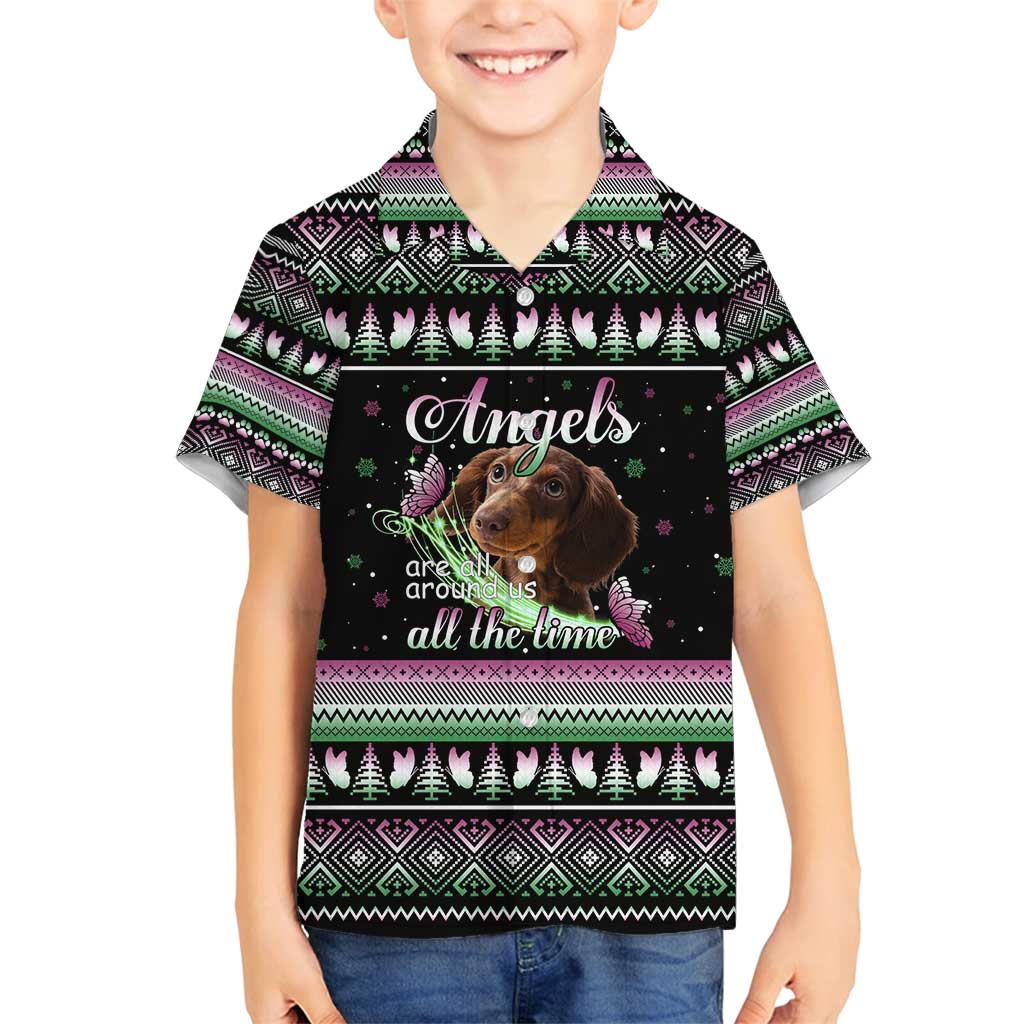Christmas Dachshund Angel Dog Family Matching Tank Maxi Dress and Hawaiian Shirt Pink Green Tree Feather Pattern Design - Wonder Print Shop