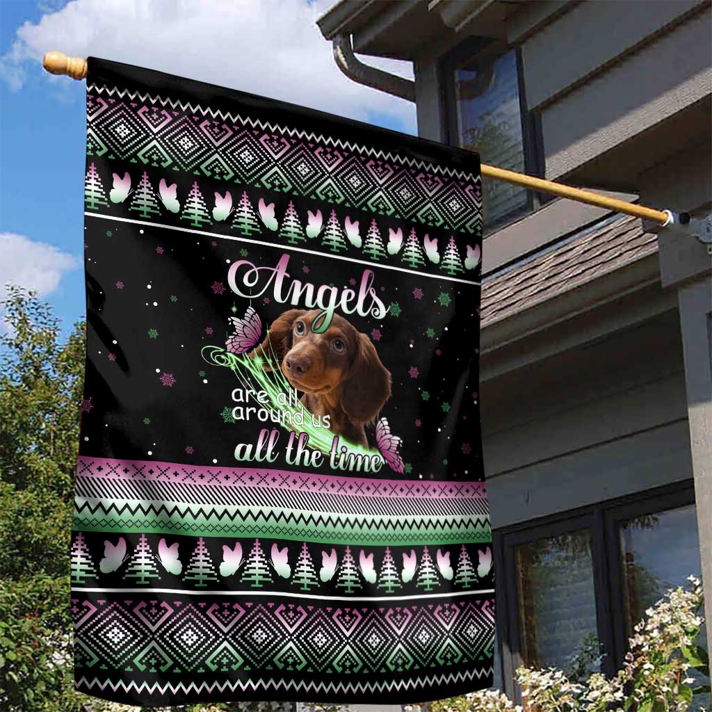 Christmas Dachshund Angel Dog Garden Flag Pink Green Tree Feather Pattern Design - Wonder Print Shop