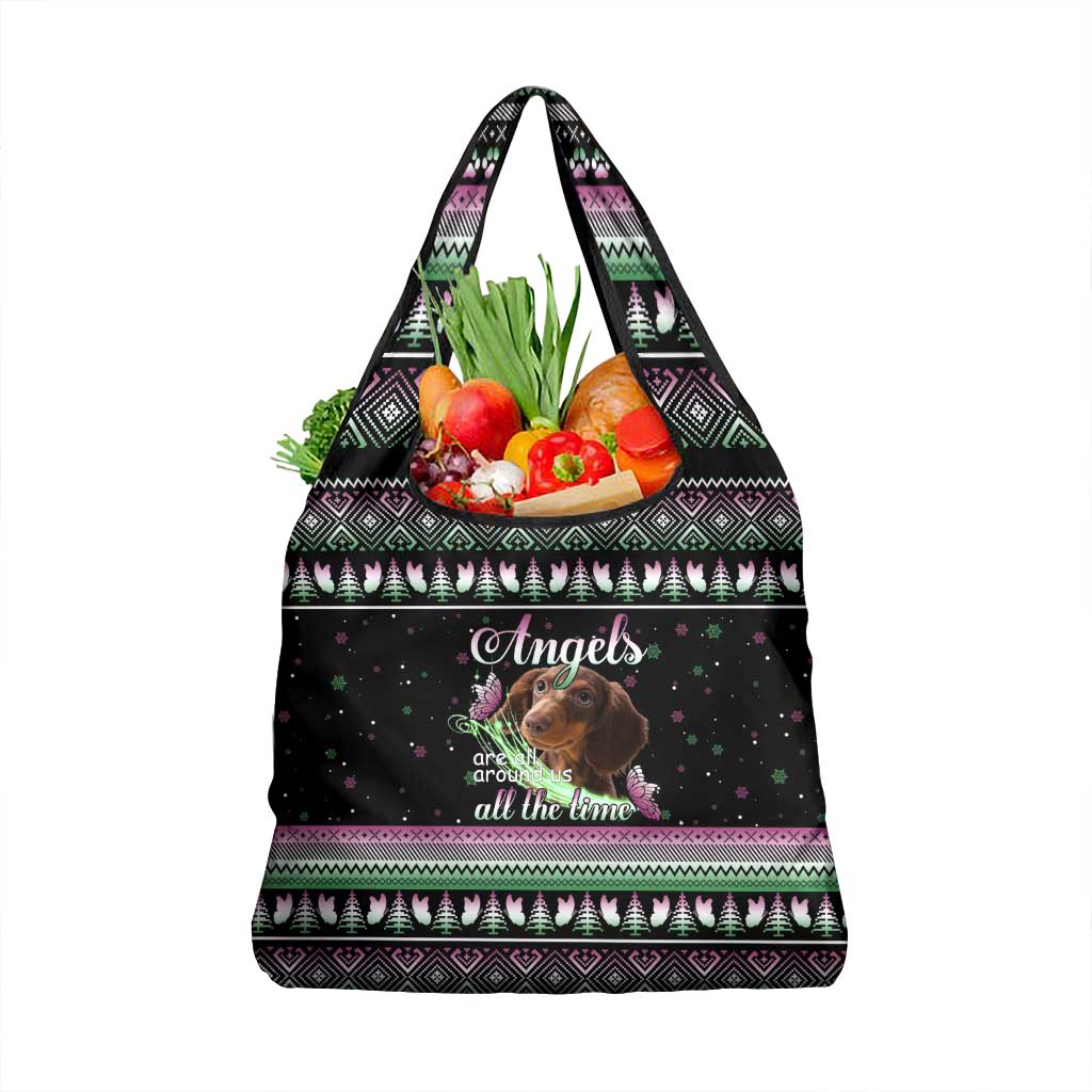 Christmas Dachshund Angel Dog Grocery Bag Pink Green Tree Feather Pattern Design - Wonder Print Shop
