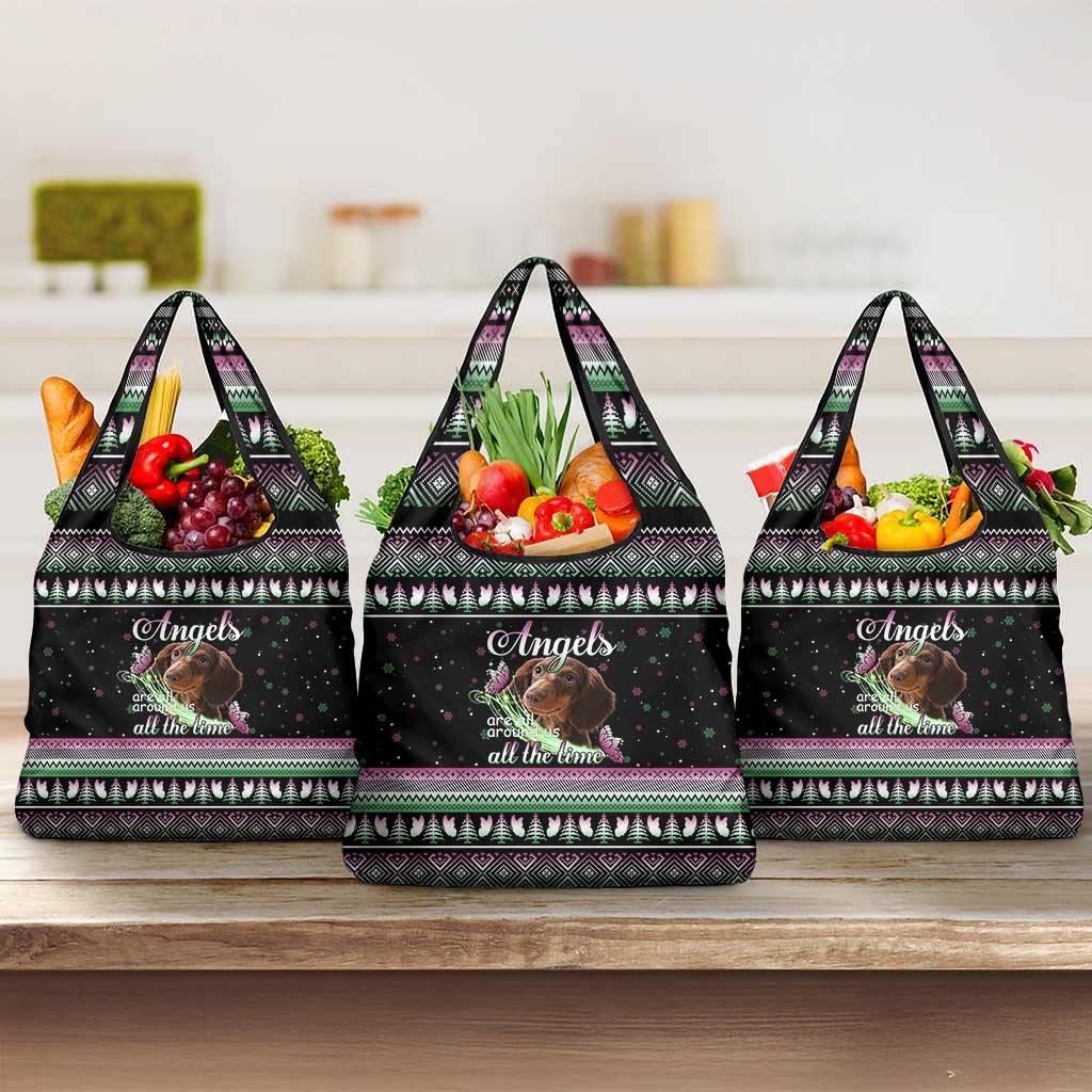 Christmas Dachshund Angel Dog Grocery Bag Pink Green Tree Feather Pattern Design - Wonder Print Shop