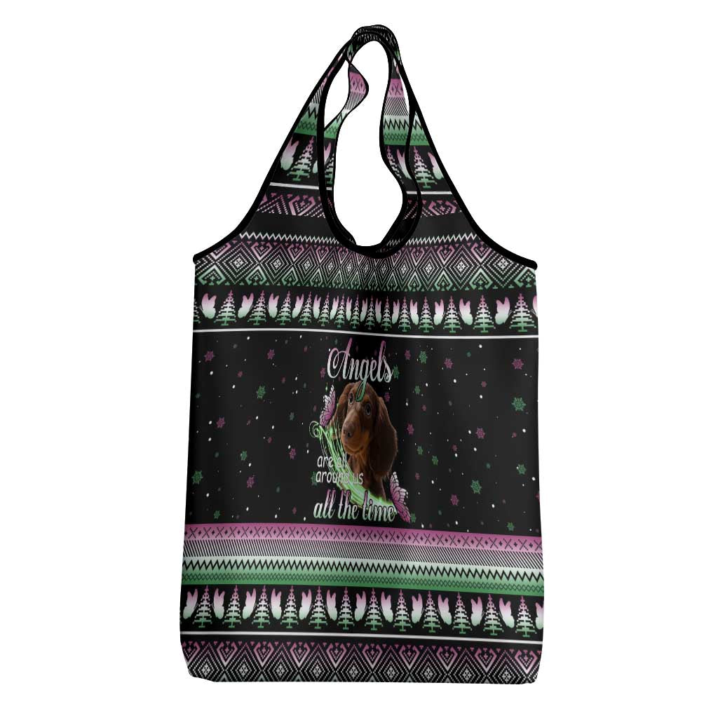 Christmas Dachshund Angel Dog Grocery Bag Pink Green Tree Feather Pattern Design - Wonder Print Shop