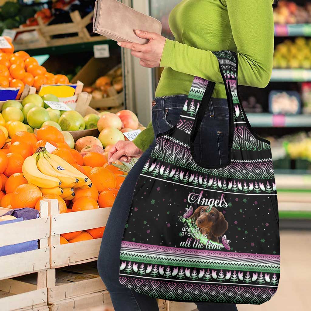 Christmas Dachshund Angel Dog Grocery Bag Pink Green Tree Feather Pattern Design - Wonder Print Shop