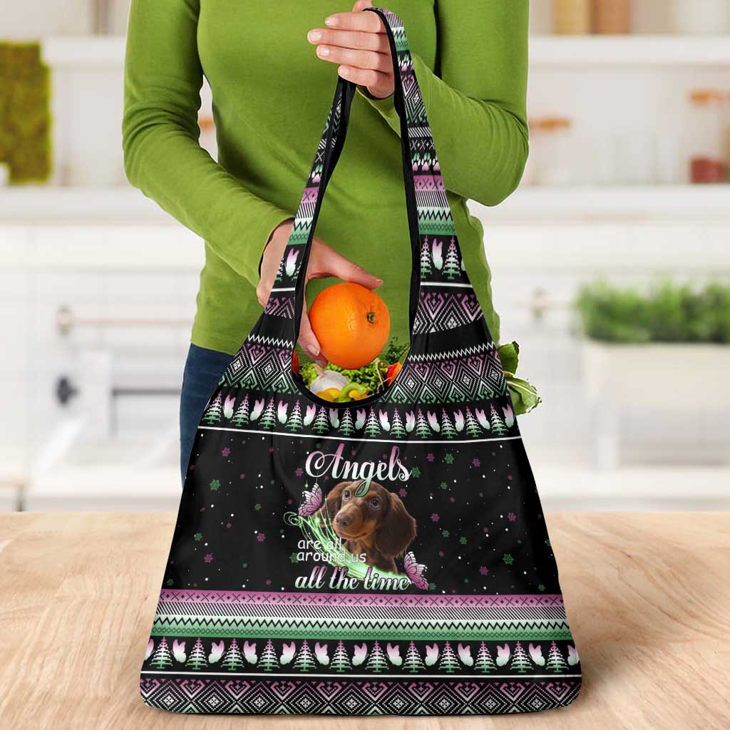 Christmas Dachshund Angel Dog Grocery Bag Pink Green Tree Feather Pattern Design - Wonder Print Shop