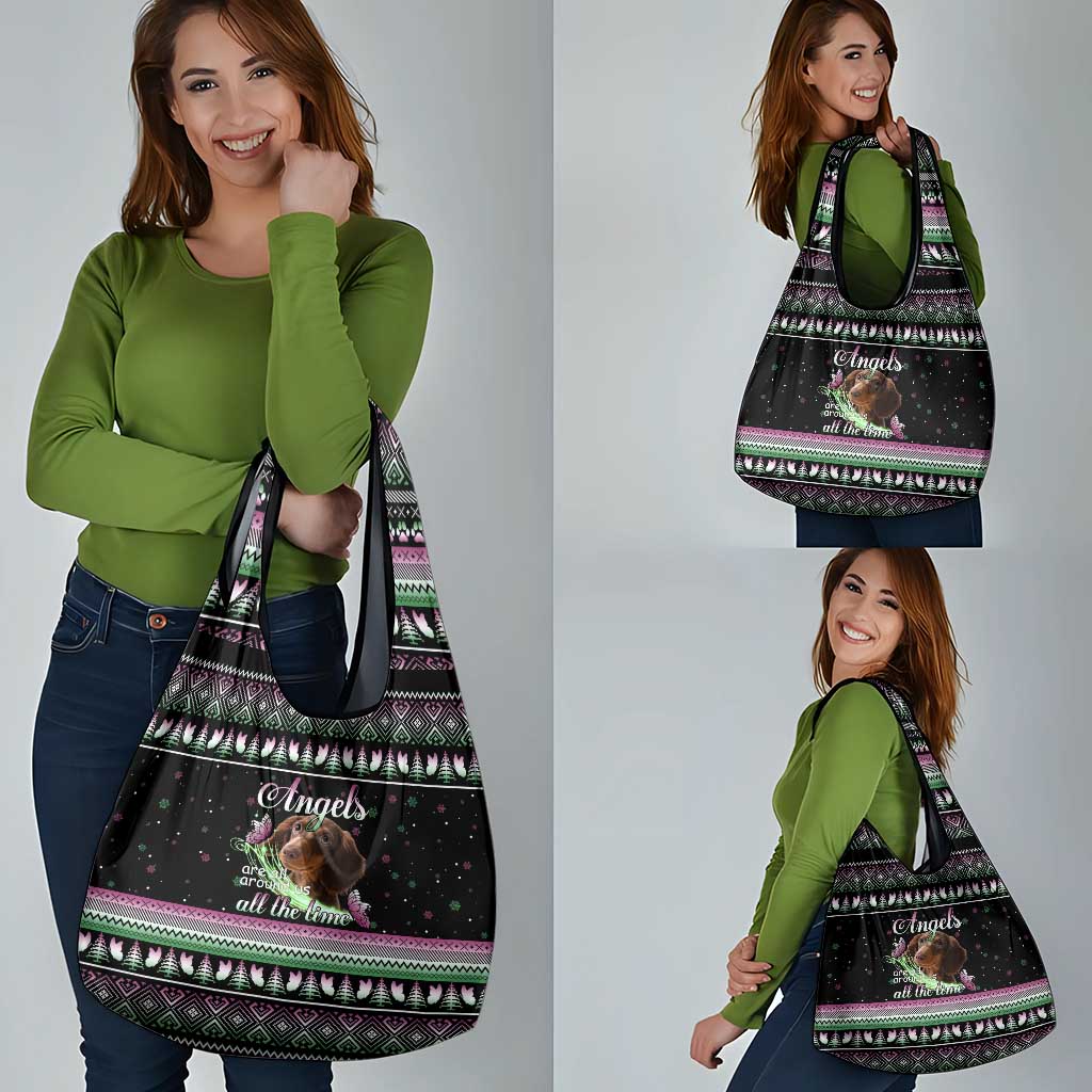 Christmas Dachshund Angel Dog Grocery Bag Pink Green Tree Feather Pattern Design - Wonder Print Shop