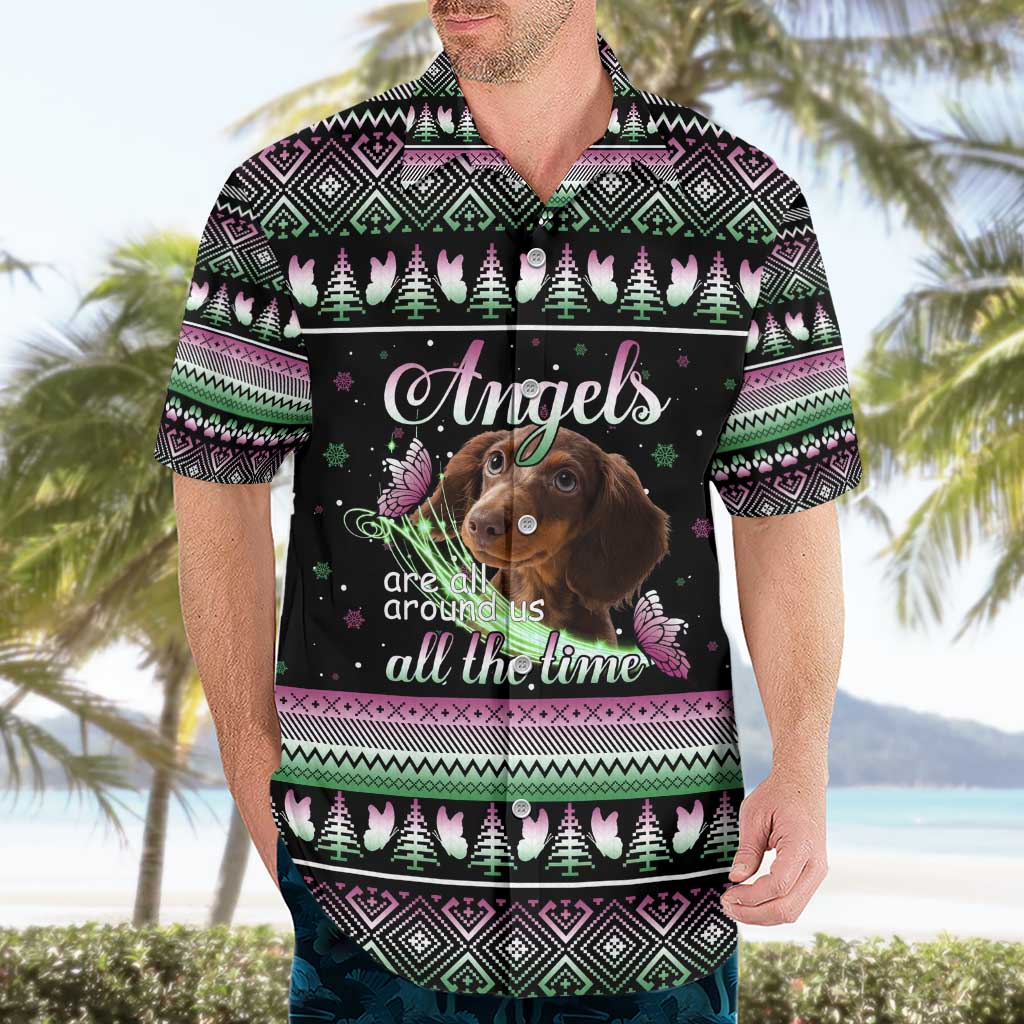 Christmas Dachshund Angel Dog Hawaiian Shirt Pink Green Tree Feather Pattern Design - Wonder Print Shop