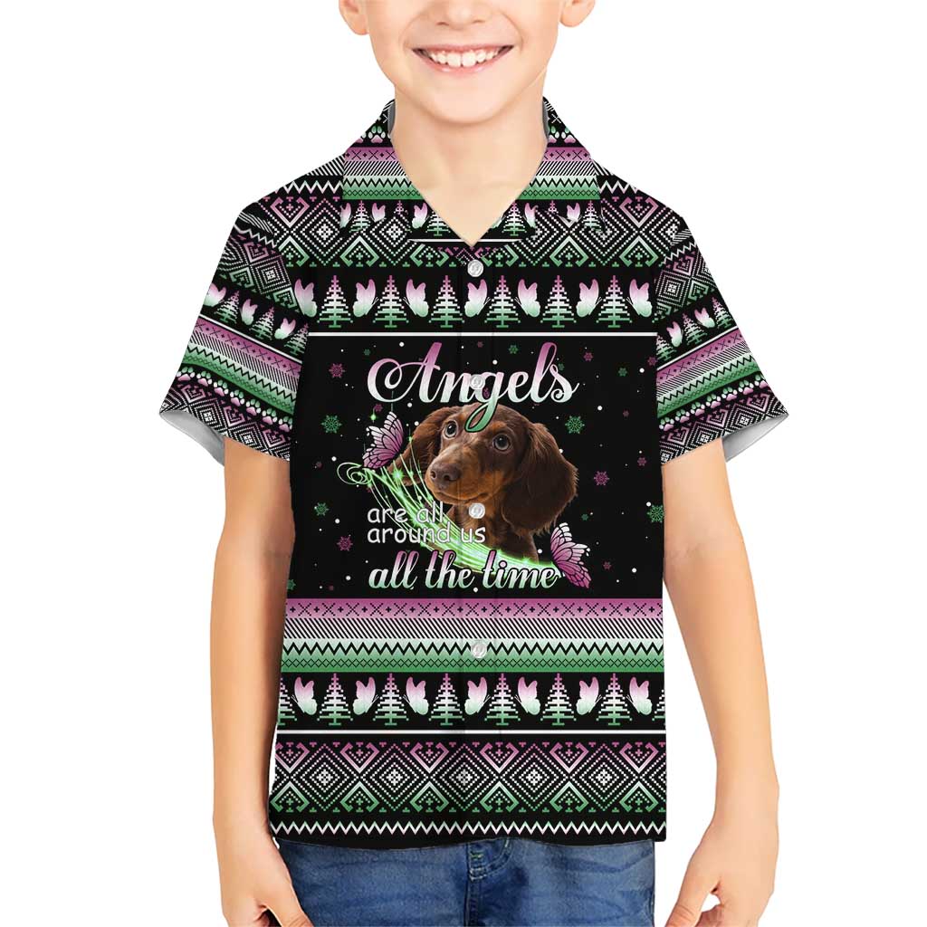 Christmas Dachshund Angel Dog Hawaiian Shirt Pink Green Tree Feather Pattern Design - Wonder Print Shop