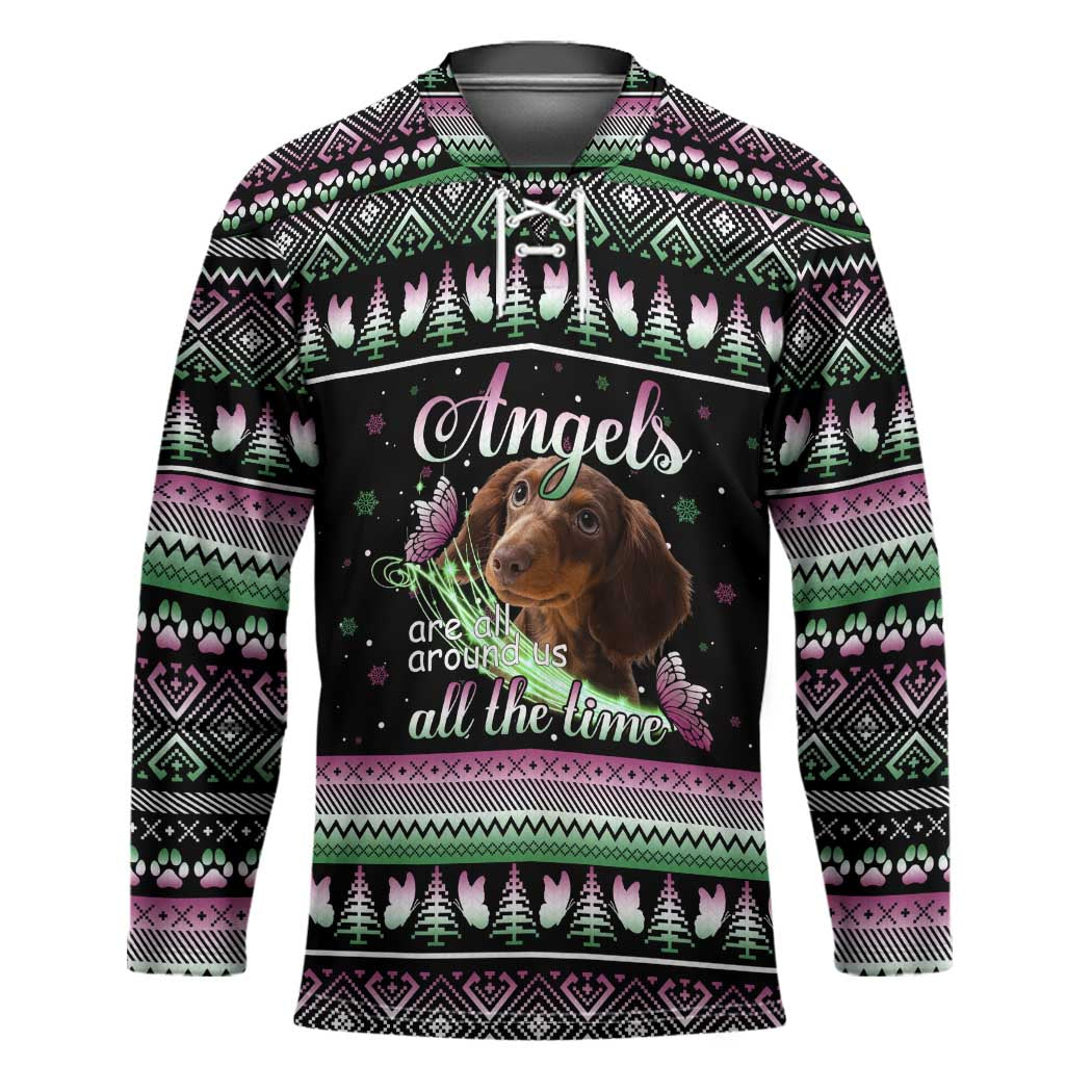 Christmas Dachshund Angel Dog Hockey Jersey Pink Green Tree Feather Pattern Design - Wonder Print Shop