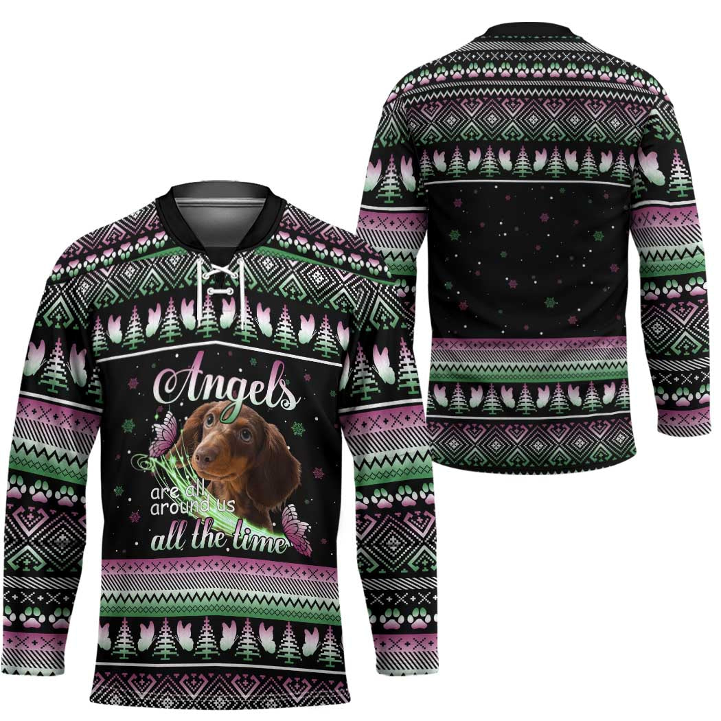 Christmas Dachshund Angel Dog Hockey Jersey Pink Green Tree Feather Pattern Design - Wonder Print Shop
