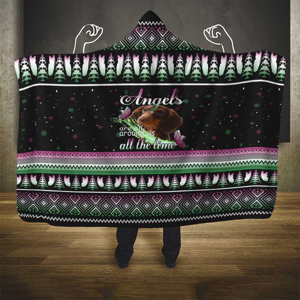 Christmas Dachshund Angel Dog Hooded Blanket Pink Green Tree Feather Pattern Design - Wonder Print Shop