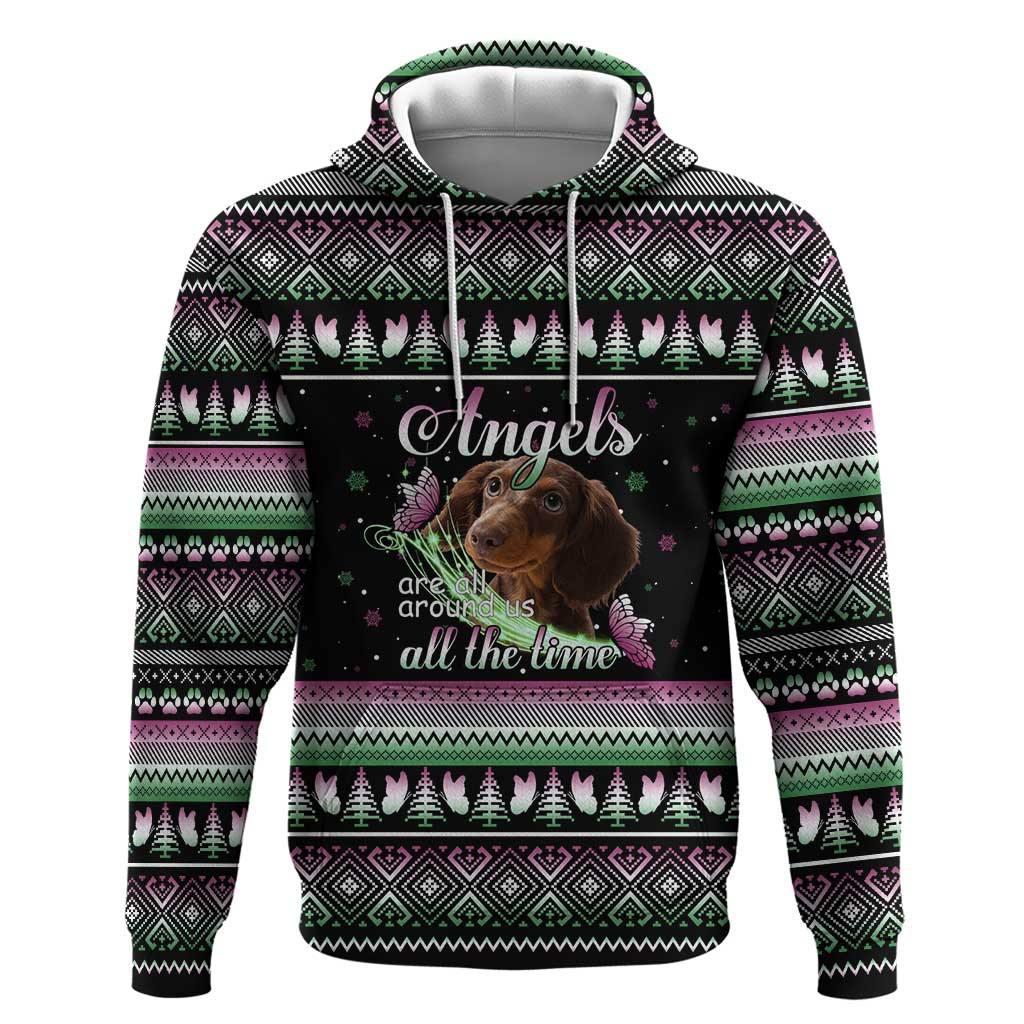 Christmas Dachshund Angel Dog Hoodie Pink Green Tree Feather Pattern Design - Wonder Print Shop
