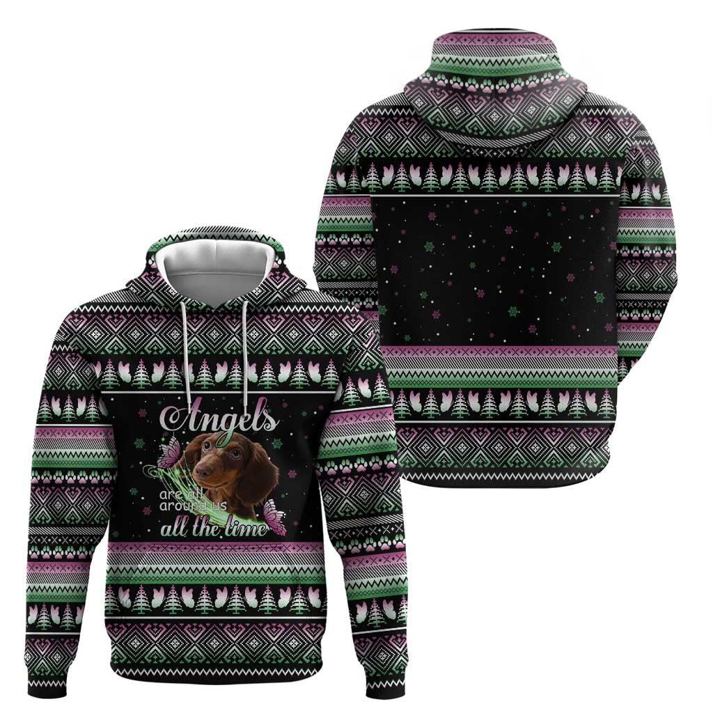 Christmas Dachshund Angel Dog Hoodie Pink Green Tree Feather Pattern Design - Wonder Print Shop