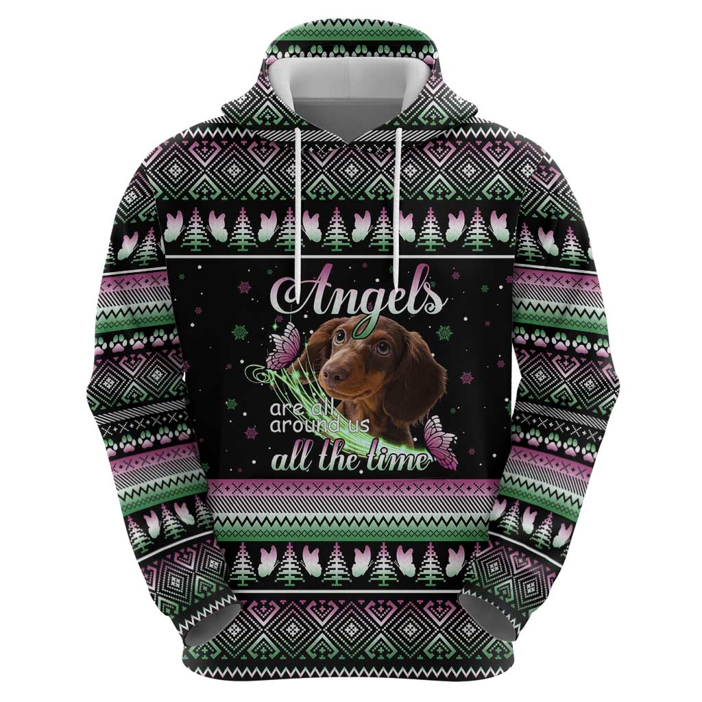 Christmas Dachshund Angel Dog Hoodie Pink Green Tree Feather Pattern Design - Wonder Print Shop