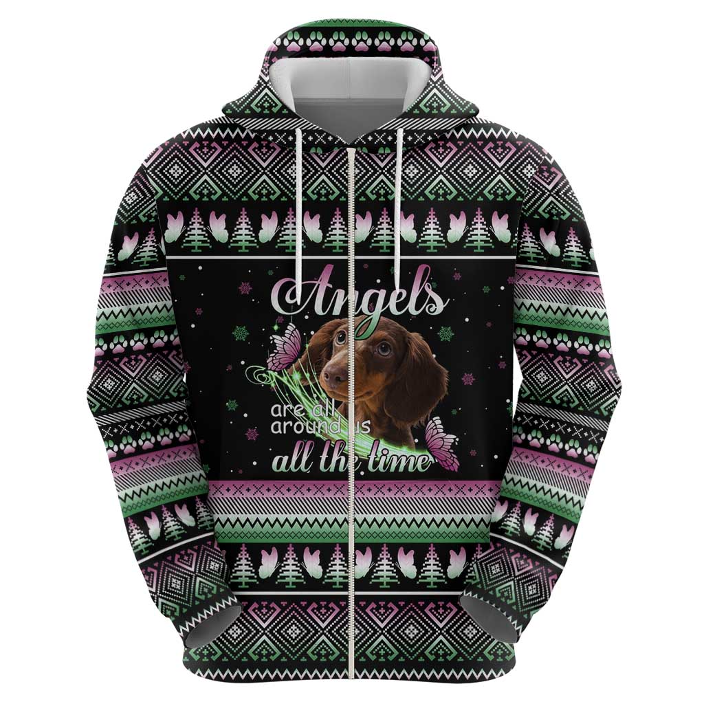 Christmas Dachshund Angel Dog Hoodie Pink Green Tree Feather Pattern Design - Wonder Print Shop