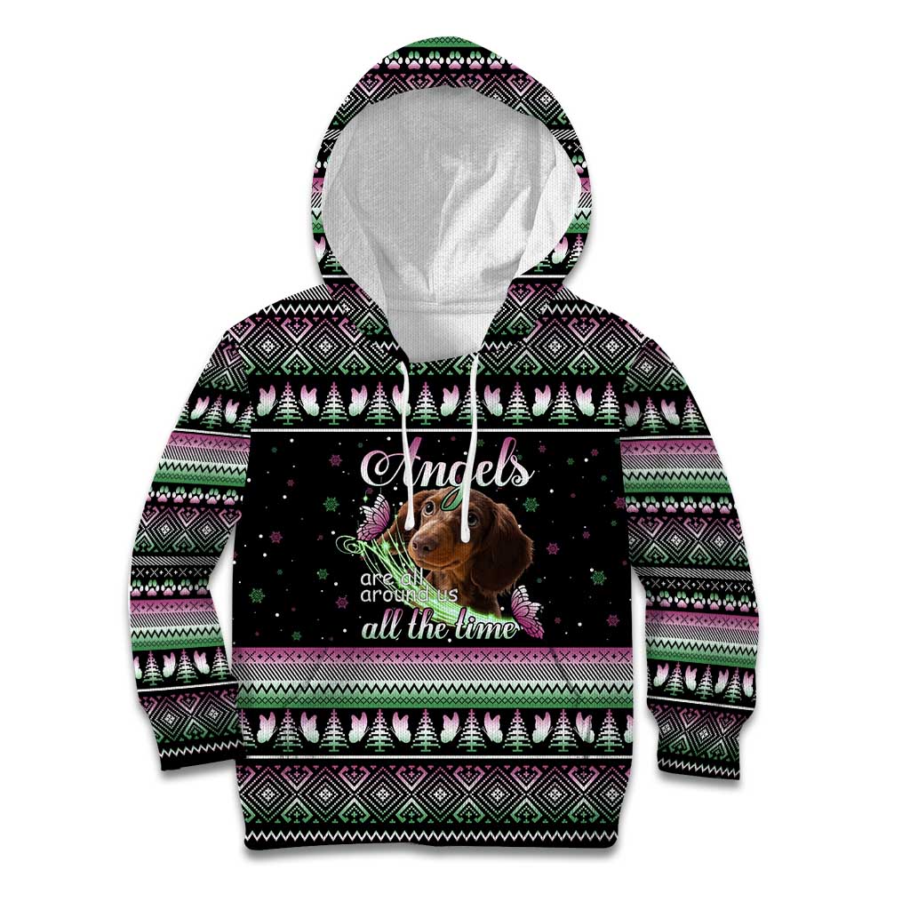 Christmas Dachshund Angel Dog Kid Hoodie Pink Green Tree Feather Pattern Design - Wonder Print Shop