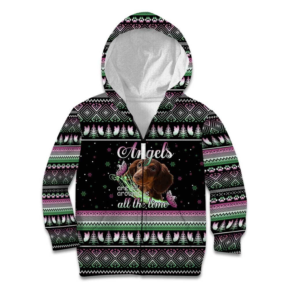 Christmas Dachshund Angel Dog Kid Hoodie Pink Green Tree Feather Pattern Design - Wonder Print Shop
