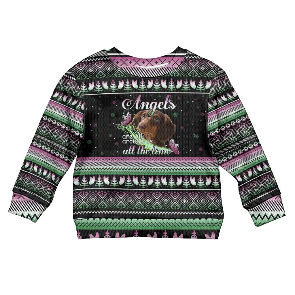 Christmas Dachshund Angel Dog Kid Ugly Christmas Sweater Pink Green Tree Feather Pattern Design - Wonder Print Shop