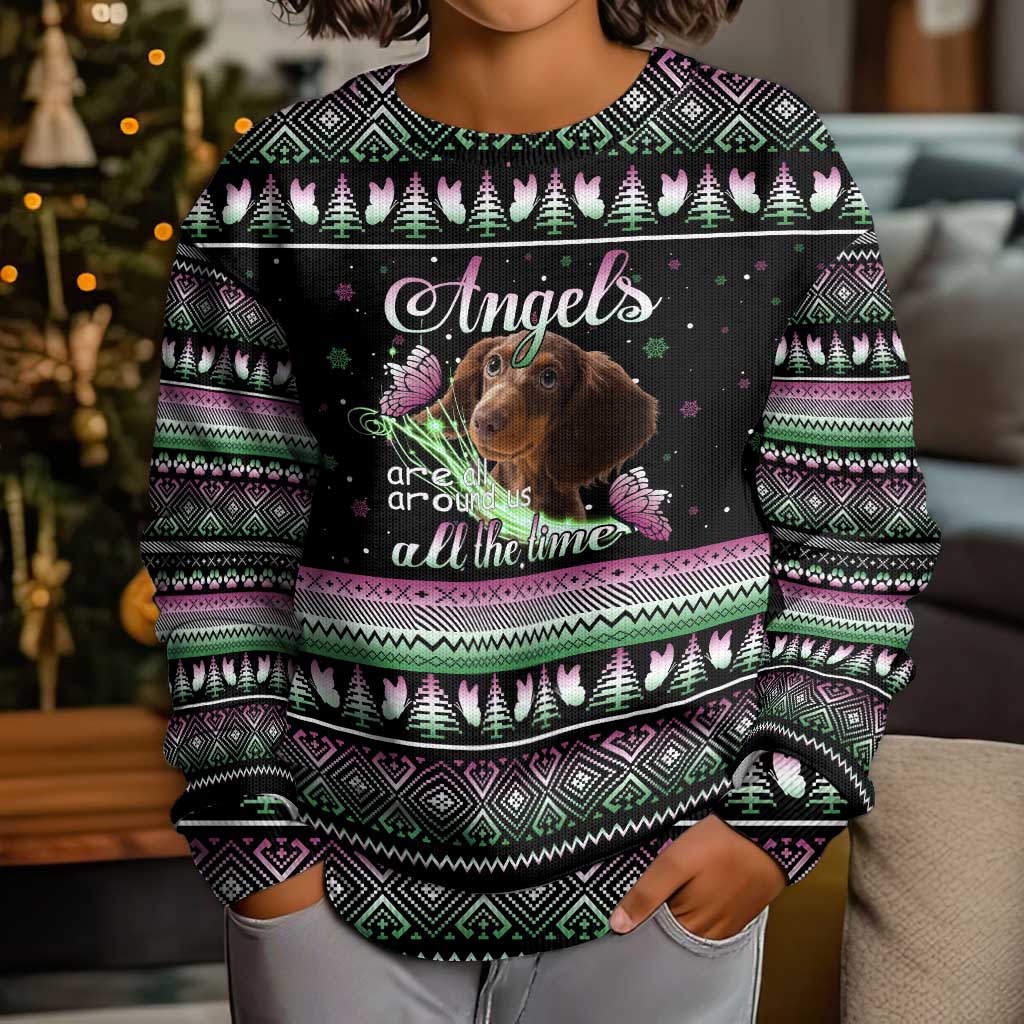 Christmas Dachshund Angel Dog Kid Ugly Christmas Sweater Pink Green Tree Feather Pattern Design - Wonder Print Shop