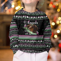 Christmas Dachshund Angel Dog Kid Ugly Christmas Sweater Pink Green Tree Feather Pattern Design - Wonder Print Shop