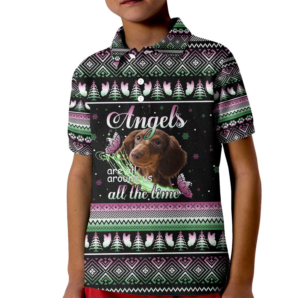 Christmas Dachshund Angel Dog Kid Polo Shirt Pink Green Tree Feather Pattern Design - Wonder Print Shop