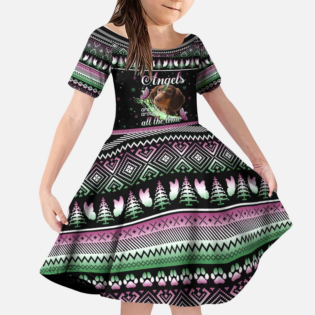Christmas Dachshund Angel Dog Kid Short Sleeve Dress Pink Green Tree Feather Pattern Design - Wonder Print Shop