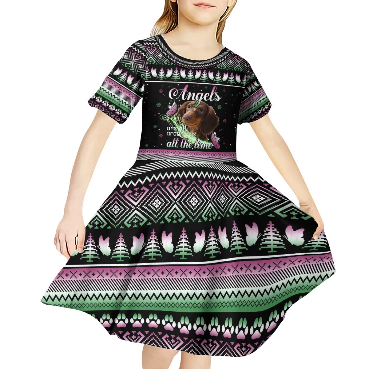 Christmas Dachshund Angel Dog Kid Short Sleeve Dress Pink Green Tree Feather Pattern Design - Wonder Print Shop