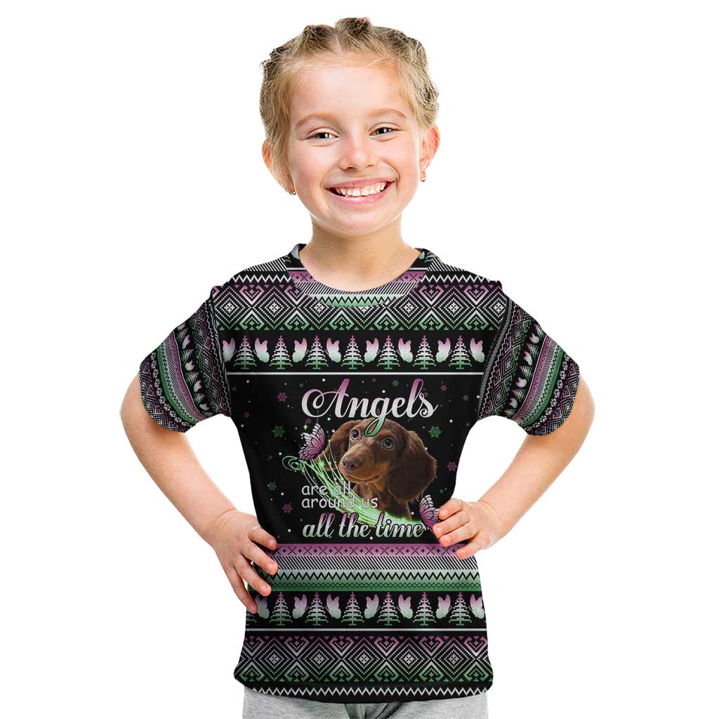 Christmas Dachshund Angel Dog Kid T Shirt Pink Green Tree Feather Pattern Design - Wonder Print Shop