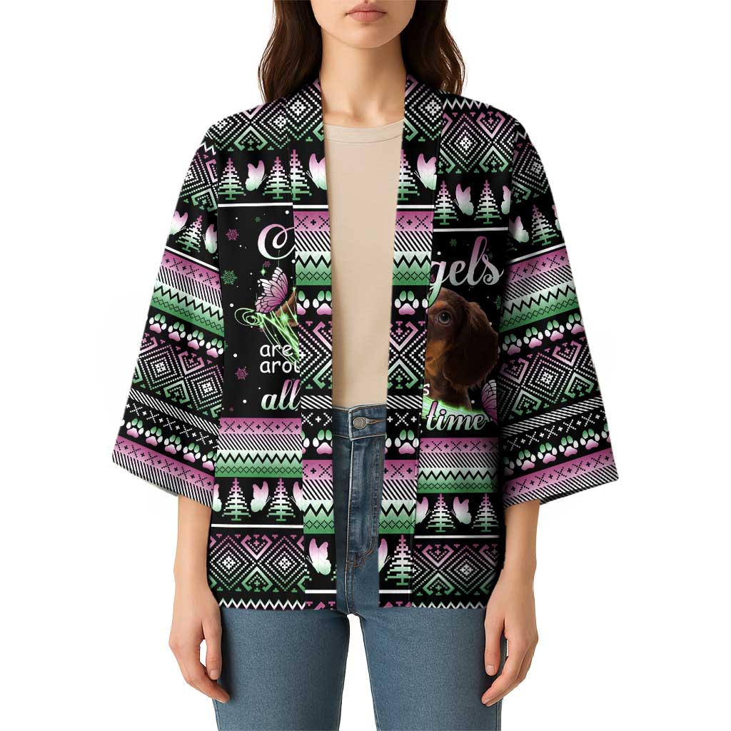 Christmas Dachshund Angel Dog Kimono Pink Green Tree Feather Pattern Design - Wonder Print Shop